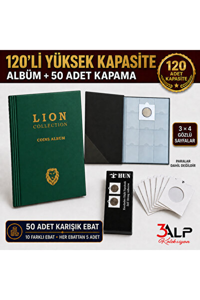 3Alp Koleksiyon Lion Medium Size 120 Compartment Metal Coin Album and 50 Piec...