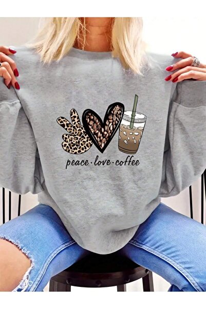Mythologie Peace Love Coffee Thick Winter Sweatshirt - Gray Printed Oversized...