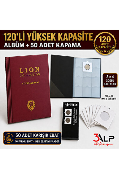 3Alp Koleksiyon Lion Medium Size 120 Compartment Metal Coin Album and 50 Piec...