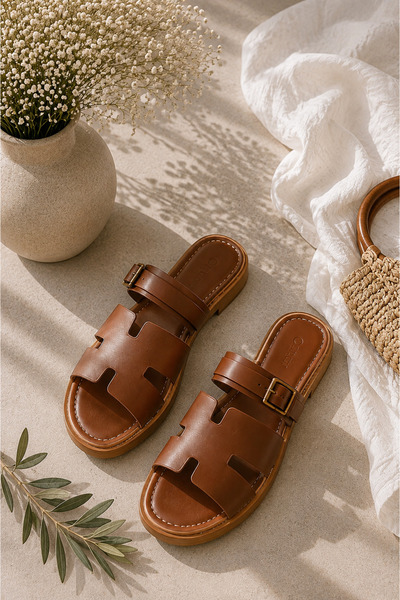ASTEMİA Women's Buckle Daily Double-Strapped Comfortable Flat Sole Slippers