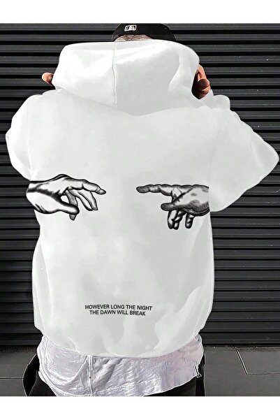 Mythologie However Hands Thick Winter Sweatshirt - White Printed Oversized Ho...