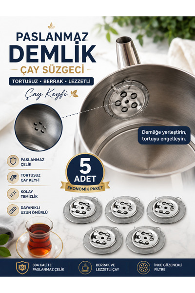 EUROLUXE 5 Adet Paslanmaz Çelik Demlik Süzgeci Çay Filtresi Demlik İçi Tortu ...