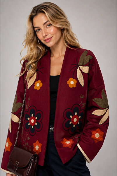 MetuCA Women's Burgundy Embossed Embroidered Kimono Cashmere Jacket