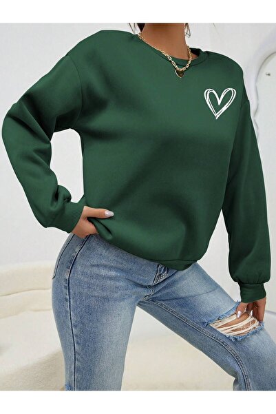 Mythologie Mini Heart Logo Thick Winter Sweatshirt - Nefti Green Printed Over...