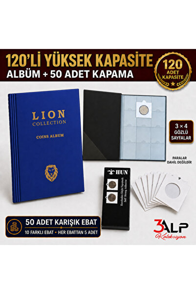 3Alp Koleksiyon Lion Medium Size 120 Compartment Metal Coin Album and 50 Piec...