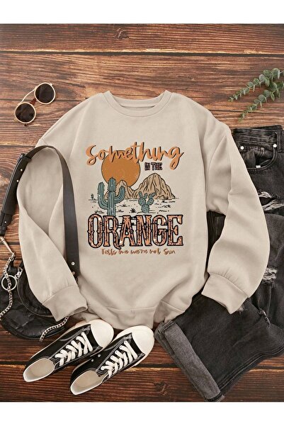 Mythologie Something Desert Sweatshirt - Beige Printed Oversize Crew Neck