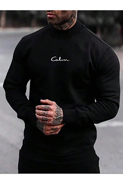 Mythologie Calm Thick Winter Sweatshirt - Black Printed Oversized Crew Neck