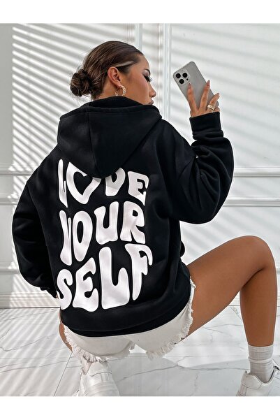 Mythologie Love Yoursel Thick Winter Sweatshirt - Black Printed Oversized Hoo...
