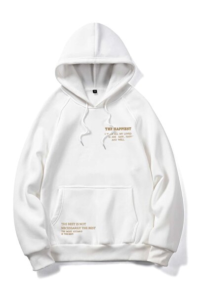Mythologie The Happiest Thick Winter Sweatshirt - White Printed Oversize Hood...