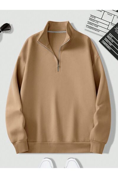Mythologie Men's Stand Collar Half-Zip Sweatshirt - Beige Plain Long Sleeve W...