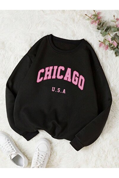 Mythologie Chicago U.S.A Thick Winter Sweatshirt - Black Printed Oversized Cr...