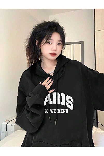 Mythologie Paris Weekend Thick Winter Sweatshirt - Black Printed Oversized Ho...