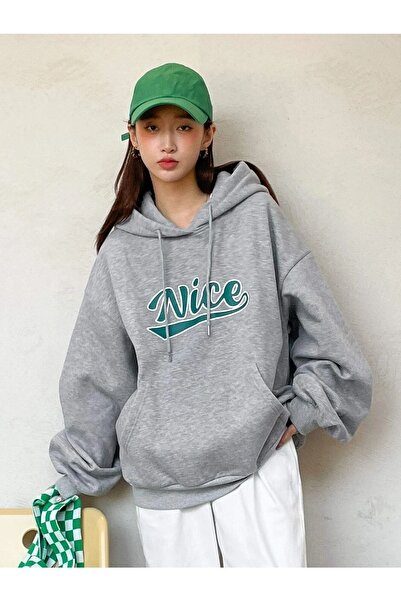 Mythologie Nice Sweatshirt - Gray Printed Oversize Hoodie with Raised Lettering