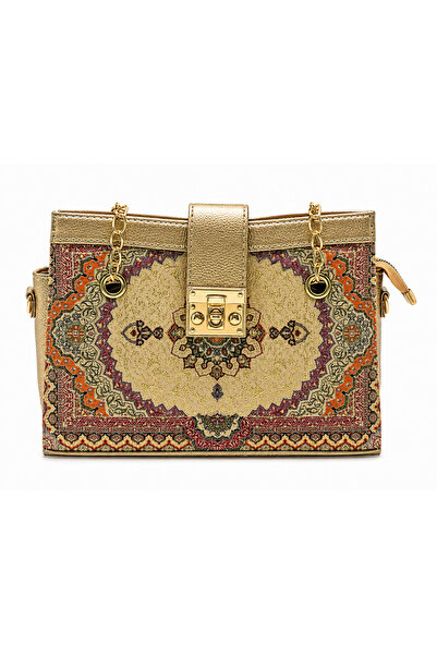 Dolce Authentic Woven Women's Shoulder Bag – Traditional Carpet Motif Patterned Fabric, Gold Color Chain Strap Handbag