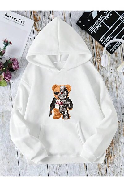 Mythologie Unisex Robot Bear Printed Hooded Oversized Sweatshirt Hoodie