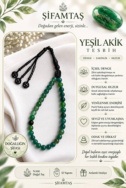 ŞİFAMTAŞ Yeşil Akik Doğal Taş Tesbih