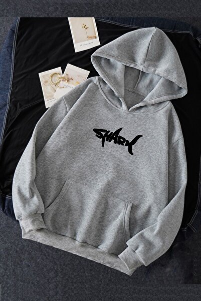 Mythologie Shark Thick Winter Sweatshirt - Gray Printed Oversize Hooded with ...