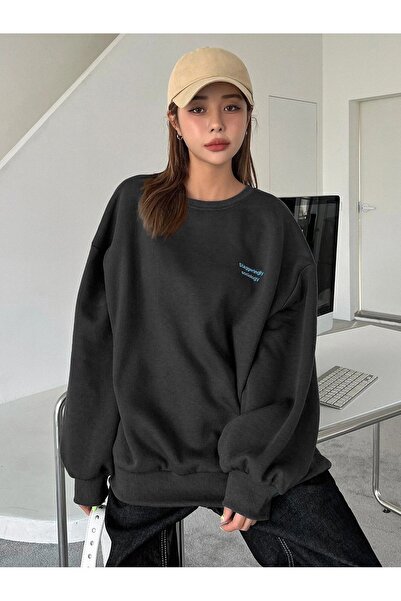 Mythologie Sociology Thick Winter Sweatshirt - Black Printed Oversized Crew Neck