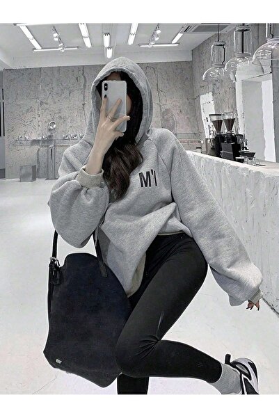 Mythologie M'I Written Thick Winter Sweatshirt - Gray Printed Oversized Hoode...