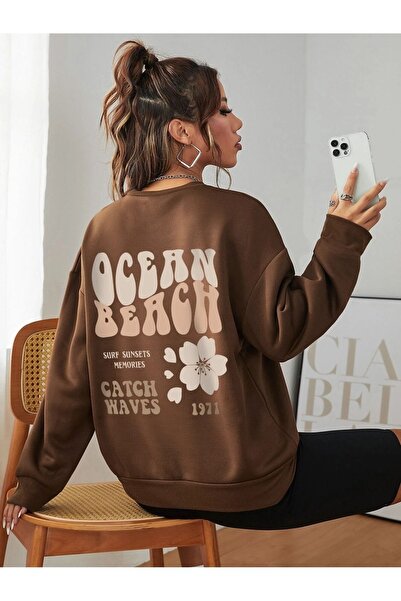 Mythologie Ocean Beach Sweatshirt - Brown Printed Oversize Crew Neck