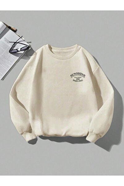 Mythologie Sunshine Smiling Sweatshirt - Beige Printed Oversize Crew Neck