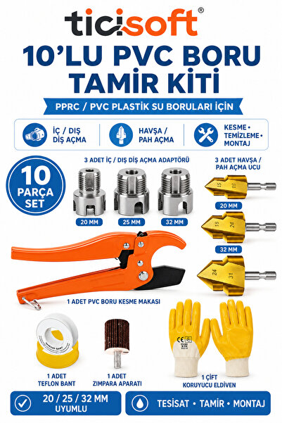 Ticisoft 10 Parça PPRC PVC Boru Tamir Seti 20-25-32 mm İç Dış Diş Açma Havşa ...