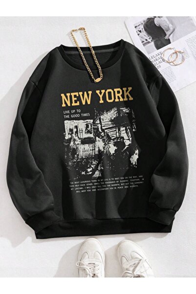 Mythologie New York Live up Winter Sweatshirt - Black Printed Oversized Crew ...