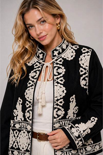 MetuCA Women's Black Cream Embroidered Stand Collar Lace-Up Bohemian Cashmere...