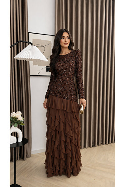 Barly Luxury Brown Evening Dress Sparkling Embroidered Long Layered Ruffle Skirt