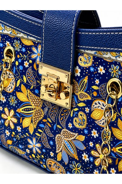 Dolce Authentic Woven Women's Shoulder Bag – Traditional Carpet Motif Patterned Fabric, Gold Color Chain Strap Handbag
