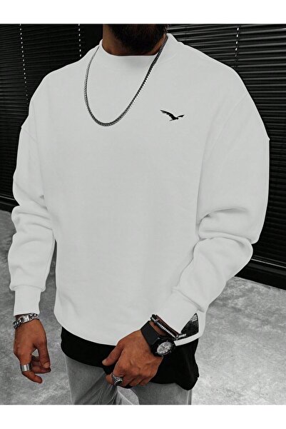 Mythologie Flying Bird Logo Thick Winter Sweatshirt - White Printed Oversize ...
