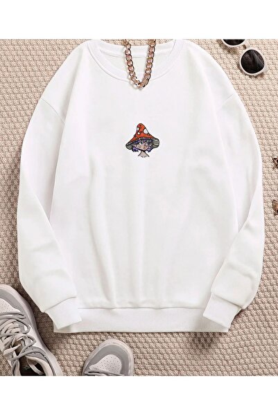 Mythologie Mushroom Hat Girl Sweatshirt - White Printed Oversized Crew Neck S...