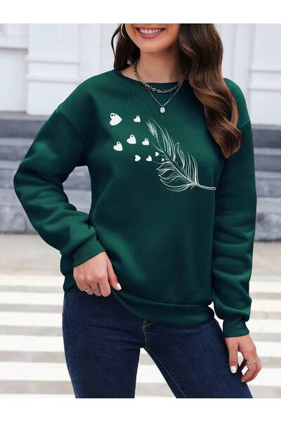 Mythologie Feather Hearts Thick Winter Sweatshirt - Nefti Green Printed Overs...