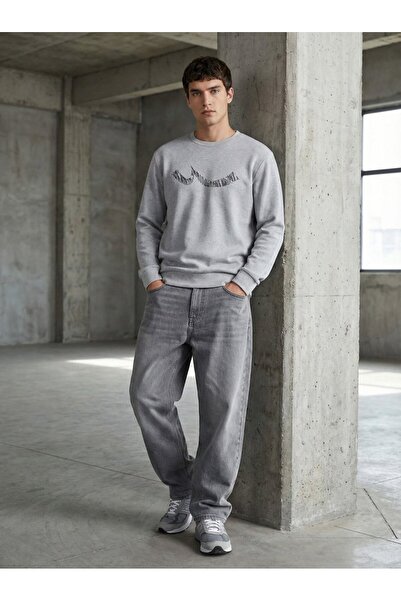 Ltb Regular Fit Sign Printed Crew Neck Gray Sweatshirt