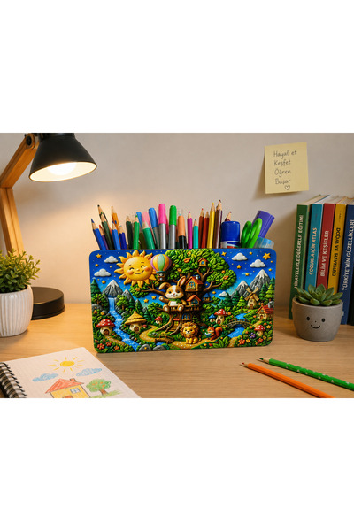 TuraLazerKesim Forest Themed Wooden Desktop Pen Holder and Organizer for Children (20X12 cm)