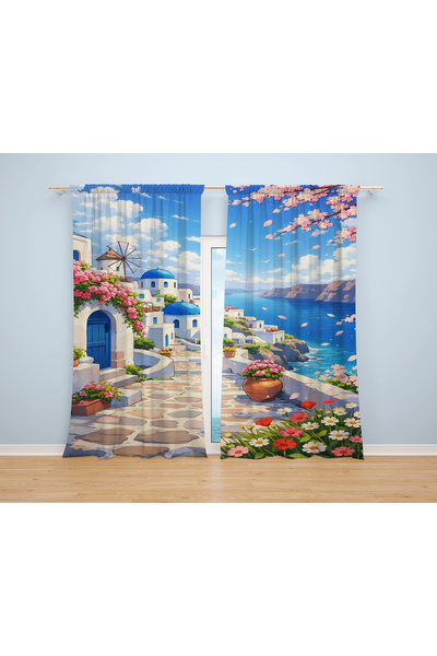 Erays Home Seaside Santorini Patterned 3D Digital Printed 2 Wing Background C...