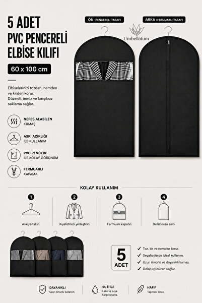 umbellatum Elbise Kılıfı 5'li 60x100 Cm Pencereli Siyah Dolap Düzenleyici Organizer hurç