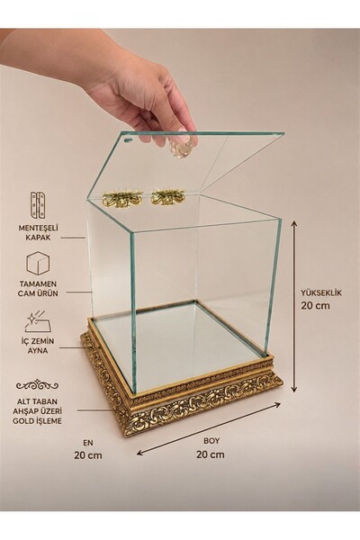 AYZ HOME 20x20x20 cm Gold Cam Çeyiz Bohça Kutusu – Menteşeli Cam Sergileme Ku...