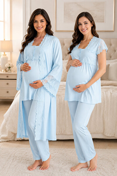 by İGP Long Robe with Lace Trim Maternity Pajama Set Effortt