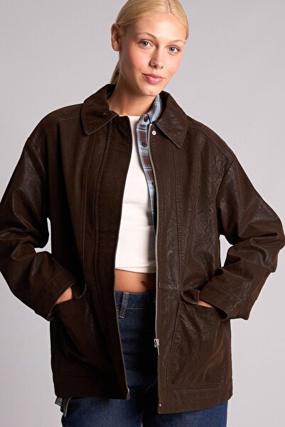 DeFacto Regular Fit Polo Collar Zippered Pocket Faux Leather Coat H3754Ax26Au