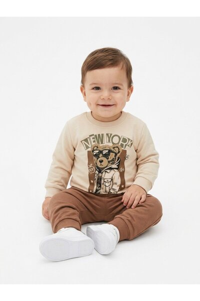 Kids Kingdom Cotton Teddy Bear Detailed 2-Piece Baby Boy Set Brown