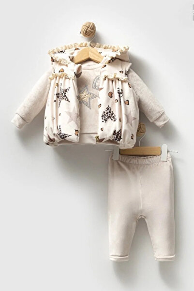 Tuğra Bebe Hooded Patterned Velvet Vest and Star Patterned 3-Piece Baby Girl Set