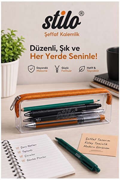 Artmaster Şeffaf Kalemlik Turuncu Fermuarlı 1 Adet Stilo 1129 Tek Bölmeli Fer...