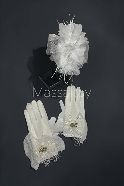 Massaltay İnci Taş Detaylı Tül Gelin Eldiveni ve Tüylü Çiçekli Gelin Kepi Düğün Nikah Nişan Aksesuar Seti