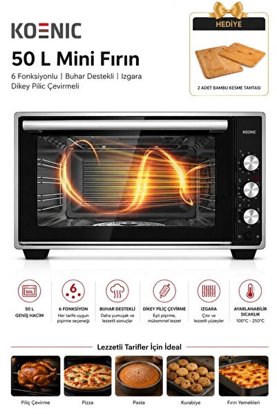 KOENIC 50 Litre 1400W Mini Fırın Buharlı Pişirme Piliç Çevirme Izgara ve Turb...