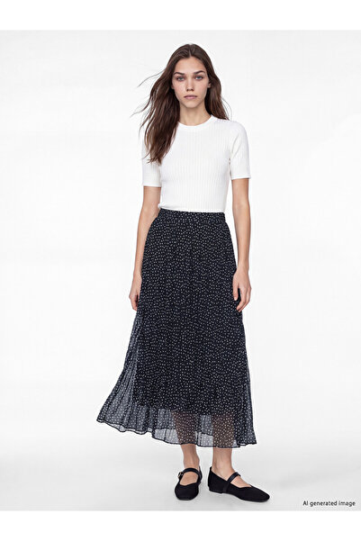 LC Waikiki Lcw Modest Black Polka Dot Chiffon Pleated Skirt with Elastic Waist