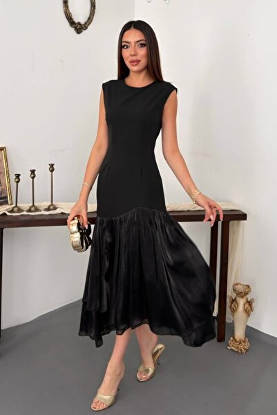 Elbee Fashion Woman Black Asymmetrical Lined Dress