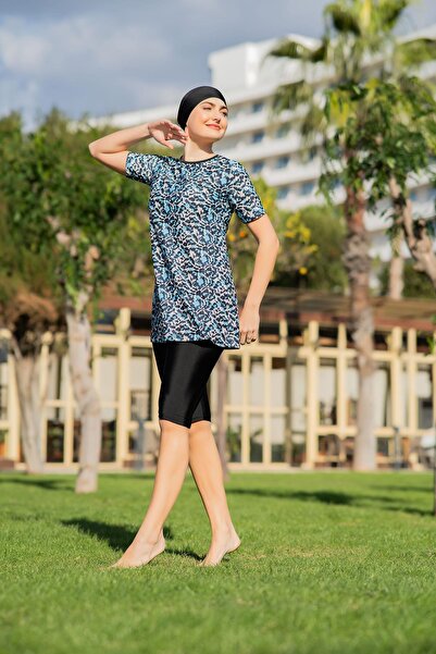 Ruko Maio Women's Short-Sleeved Blue Leopard Patterned Leggings Semi-Tesettür...