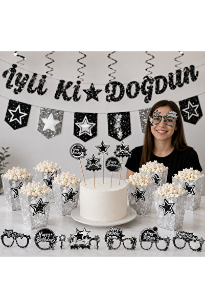 Öz-bal Silver Star Themed Birthday Party Set 3D Glasses Banner Cake Decoratio...