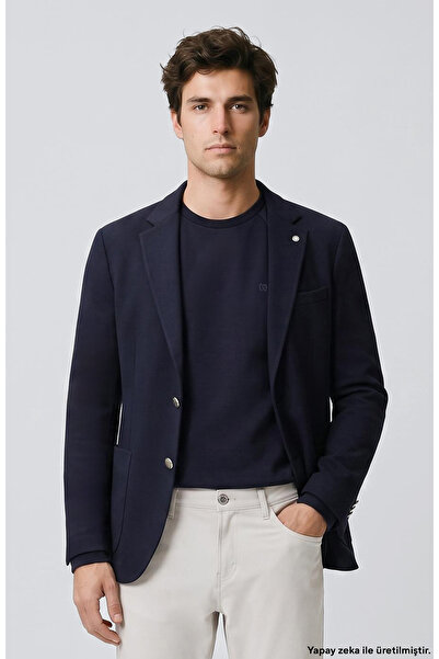 Network Slim Fit Lacivert Armür Desen Örme Ceket